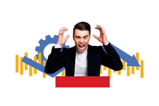 Creative full art collage of angry businessman hold head arrow regress gearwheel chart bankruptcy economy crisis concept