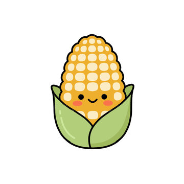 Cute kawaii corn cob character vector illustration isolated on white background