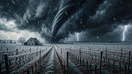 Naklejka premium Powerful tornado twister hits frozen vineyard under dark storm sky. Massive whirlwind destroys rural farm during winter blizzard. Lightning strikes near old wooden house in snowy countryside. Extreme