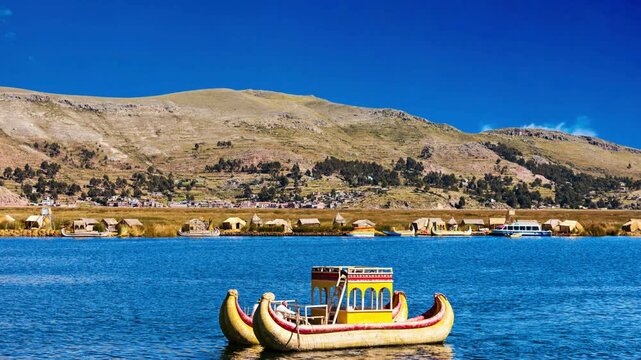 Typical boats of the Uros group of islands in Peru, Titicaca lakeTotora boat on the Titicaca lake near Puno, PeruCloseup of a boat made of reeds on Lake Titicaca in Bolivia.