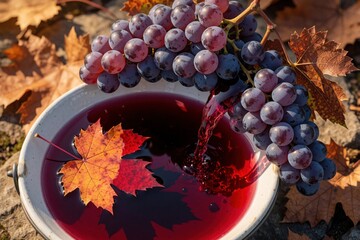 Naklejka premium Fresh purple grapes hang over white bucket filled with red wine. Autumn maple leaves float in liquid. Ripe fruit, seasonal foliage create harvest atmosphere in vineyard. Traditional winemaking