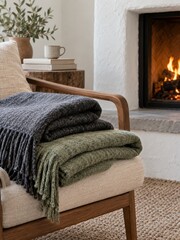 Naklejka premium Folded Charcoal and Sage Wool Blankets on a Chair Beside a Fireplace