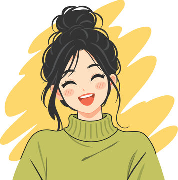 Happy Young Woman Smiling in a Green Sweater Illustration