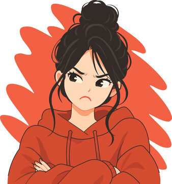 Angry Young Woman with Crossed Arms in a Red Hoodie