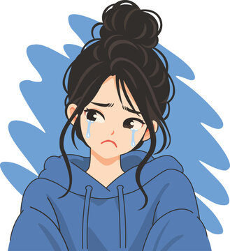 Sad Crying Woman with Tears in a Blue Hoodie Illustration
