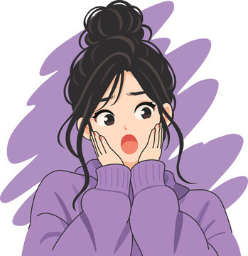 Surprised Woman Covering Her Mouth in a Purple Sweater
