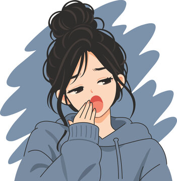 Sleepy Tired Woman Covering Her Mouth in a Blue Gray Sweater