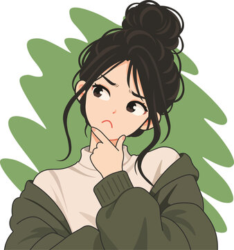 Thoughtful Woman Thinking with a Pensive Expression in an Olive Green Sweater