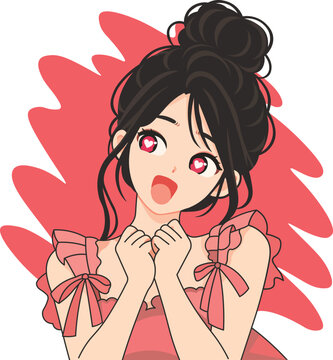 Cute Woman Expressing Love and Excitement with a Pink Ribbon Blouse