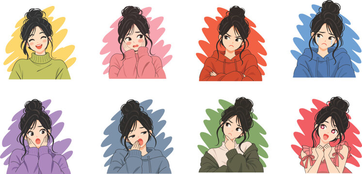 Cute Woman Expressions and Emotions Character  Set