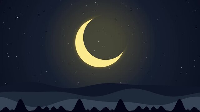 Cartoon crescent moon animation in starry night sky loading screen loop