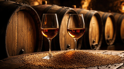 Naklejka premium Two wine glasses with red liquid sit on pile of grain in cellar. Large wooden barrels line background in dark winery. Elegant crystal stemware rests on rustic table for wine tasting event luxury
