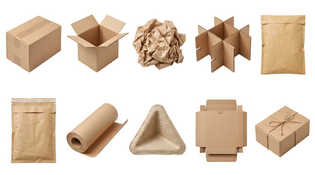 Various ecofriendly brown paper and cardboard packaging materials and supplies isolated on transparent background