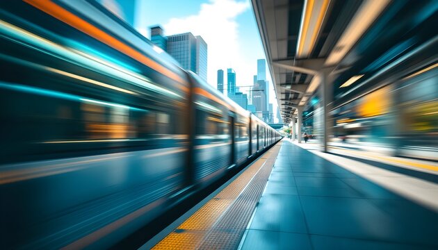 Fast modern passenger train speeding past station platform with motion blur effect.
