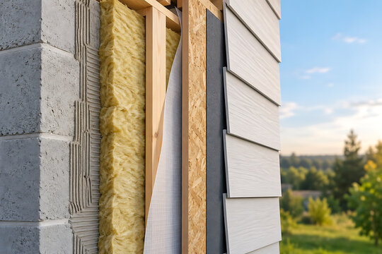 Insulated wall cross section showing layered building materials