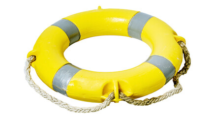 Bright yellow lifebuoy ring with reflective silver stripes and braided rope © Otso