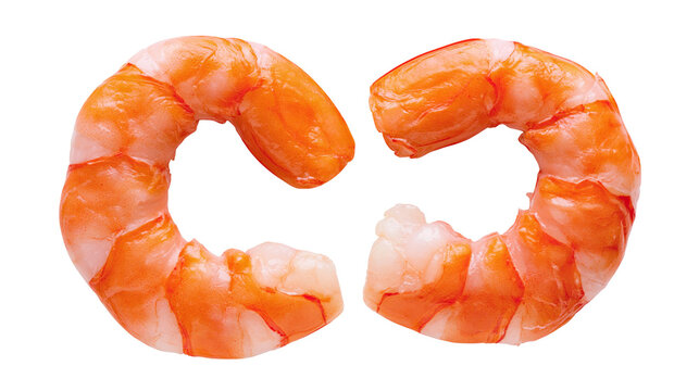 Two cooked peeled pink shrimp tails arranged in a semi-circle shape