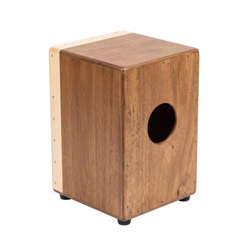 Wooden caj&oacute;n percussion instrument with circular sound hole on a transparent background
