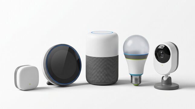 A collection of various smart home devices including a voice assistant speaker a security camera a smart light bulb and a thermostat sensor
