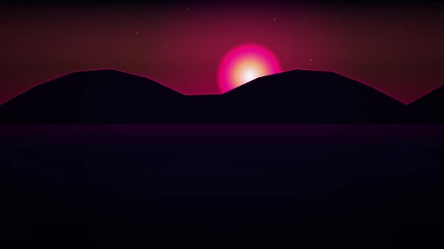A bright pink sun sets behind dark mountain silhouettes under a starry purple sky