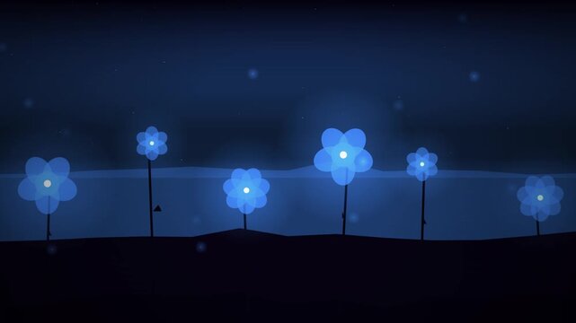 Glowing blue flowers standing on a dark hill at night