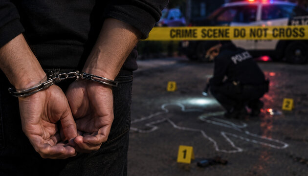 Man in Handcuffs Arrested at Murder Crime Scene with Police Tape