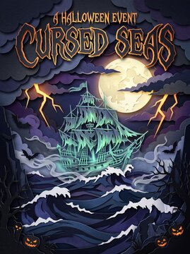 Spooky happy halloween cursed seas ghost ship with moon and lightning haunted ship halloween event full moon