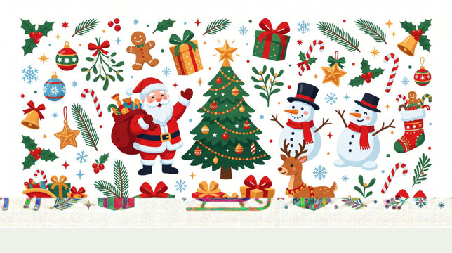 Christmas Elements Set Vector Illustration with Santa Claus Snowman Reindeer Tree and Gifts Isolated on White Background Holiday Decoration Concept 