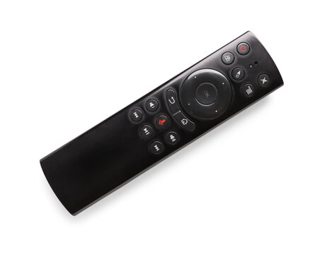 Home entertainment and smart tv control, black remote controller with voice command button for streaming media and digital home devices on white background