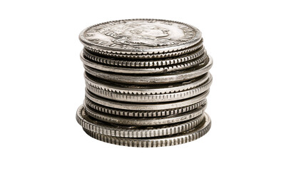 Stacked antique silver coins with embossed profile portraits and serrated edges © Svenja