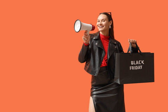 Black Friday sale announcement, happy woman holding shopping bag and megaphone for retail marketing campaign on orange background