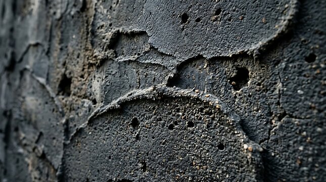 Close-up macro shot of a rough, textured, grey, concrete wall with visible imperfections and porous surfaces, showcasing its granular composition