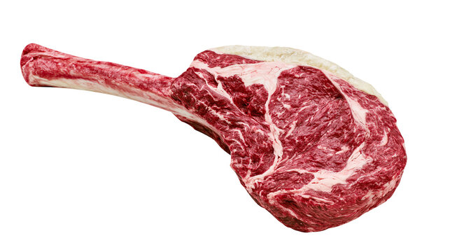 Raw tomahawk ribeye steak with long bone and marbled beef texture