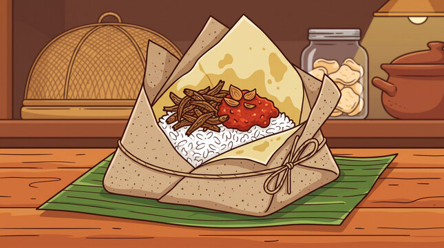 Indonesian traditional street food Nasi Kucing with rice, sambal, and anchovies wrapped in paper vector illustration
