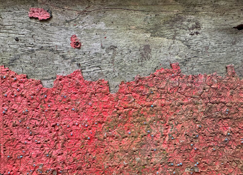 peeling red lacquer layer showing old weathered wood texture background