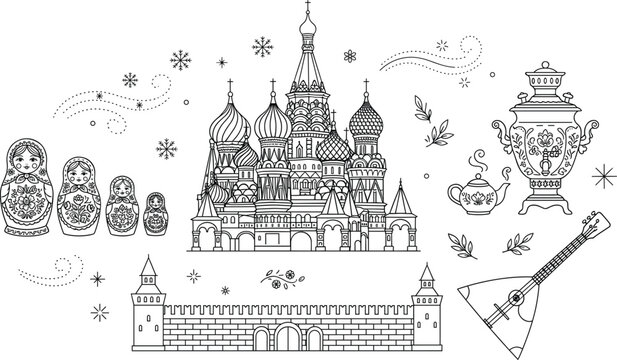 Hand-drawn Moscow Russia travel vector illustration set featuring Saint Basil s Cathedral matryoshka dolls kremlin wall samovar balalaika.