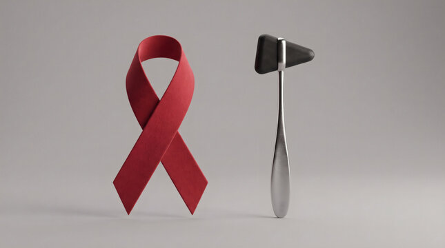 Red awareness ribbon standing next to a medical reflex hammer