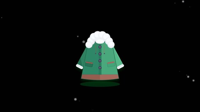 Green winter Christmas coat with white fur hood floating smoothly with subtle shadow and falling snow particles on black background in seamless 2D flat animation
