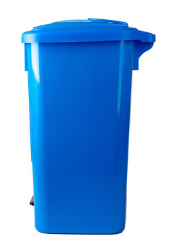 Blue trash bin with lid in a clean space for waste disposal and recycling tasks