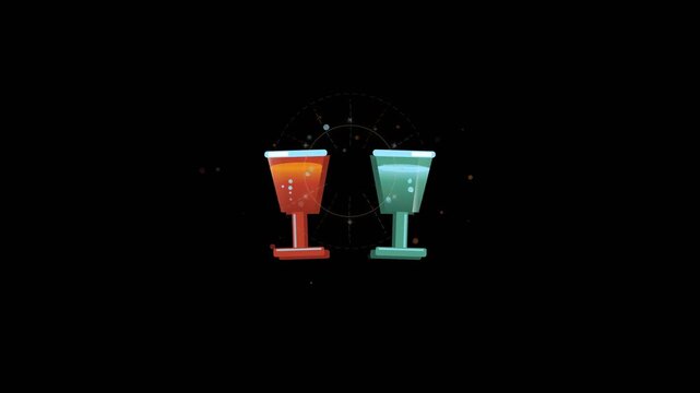 Christmas holiday cocktail glasses clinking and toasting together with sparkling effervescent bubbles in a 2D flat motion graphic animation isolated on black background
