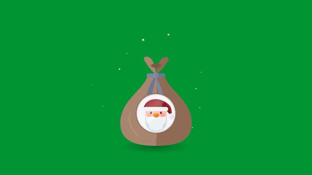 Animated Christmas Santa Claus gift bag floating with twinkling glowing star sparkles in a seamless loop over green chroma screen backdrop in 2D flat style