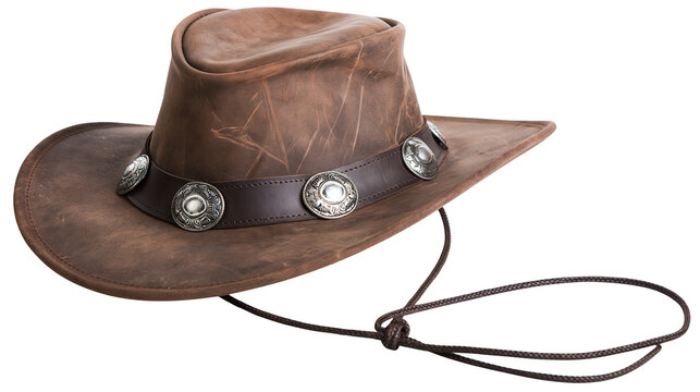 Distressed brown leather cowboy hat with silver concho band and chin strap