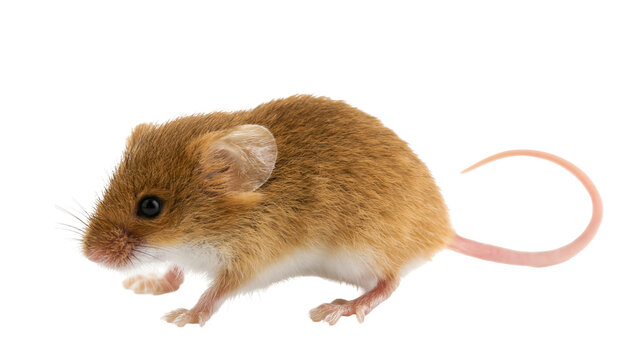 Small brown harvest mouse with pink tail and whiskers