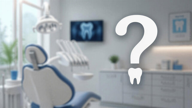3D white question mark on a blurred dentist clinic background with a tooth icon; space for text. dental treatment advertisements.