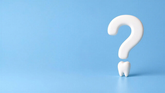 3D white question mark on a blue studio background with a tooth icon; space for text. Perfect for dental clinics, dentists, and dental treatment advertisements.