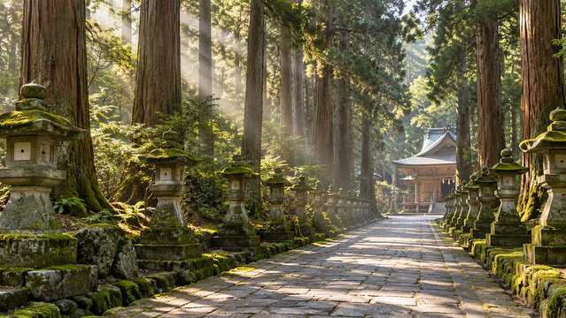 朝日が差し込む杉並木と苔むした石灯籠の神社参道