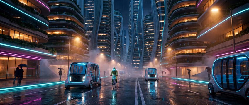 Rainy downtown street with autonomous electric shuttles, cyclist and curved eco office towers