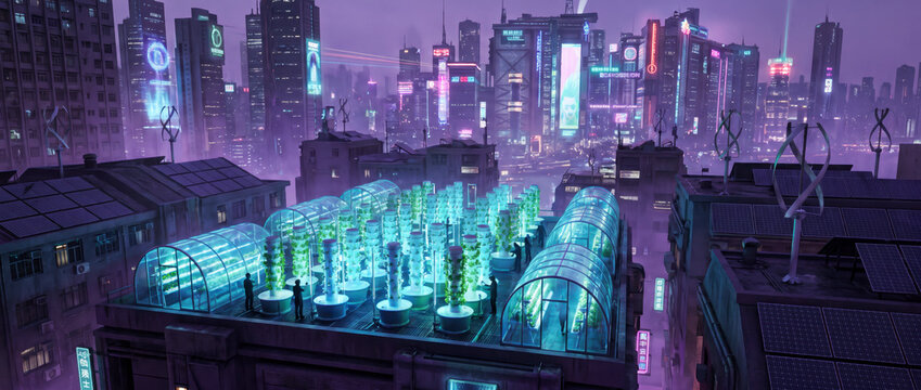 Rooftop vertical farm greenhouses with solar panels over neon downtown skyline at night