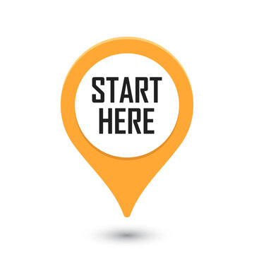 Start here button icon in flat style. Location pin vector illustration on isolated background. Starting navigation point sign business concept.