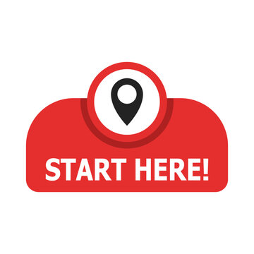 Start here button red icon in flat style. Location pin vector illustration on isolated background. Starting navigation point sign business concept.